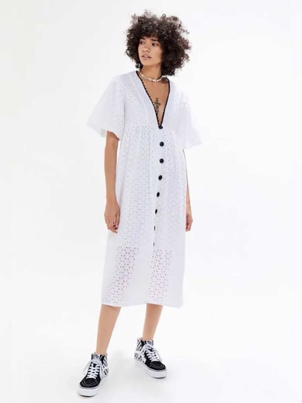 Urban Outfitters White Eyelet Midi Dress with Black Trim Buttons